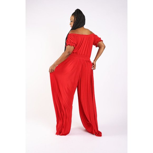 Women's Pleated off Shoulder Jumpsuit Plus Size 1X 2X 3X BLACK RED - Picture 9 of 12